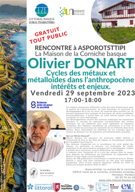 Rencontre avec Olivier DONARD : Cycles des métaux et métalloïdes dans l’anthropocène : intérêts et enjeux.