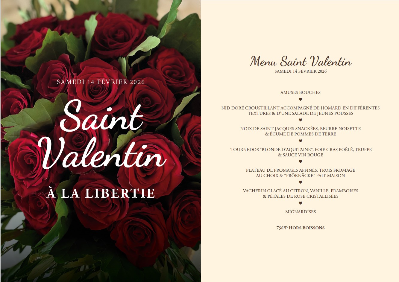 Repas St Valentin -Restaurant La Libertie