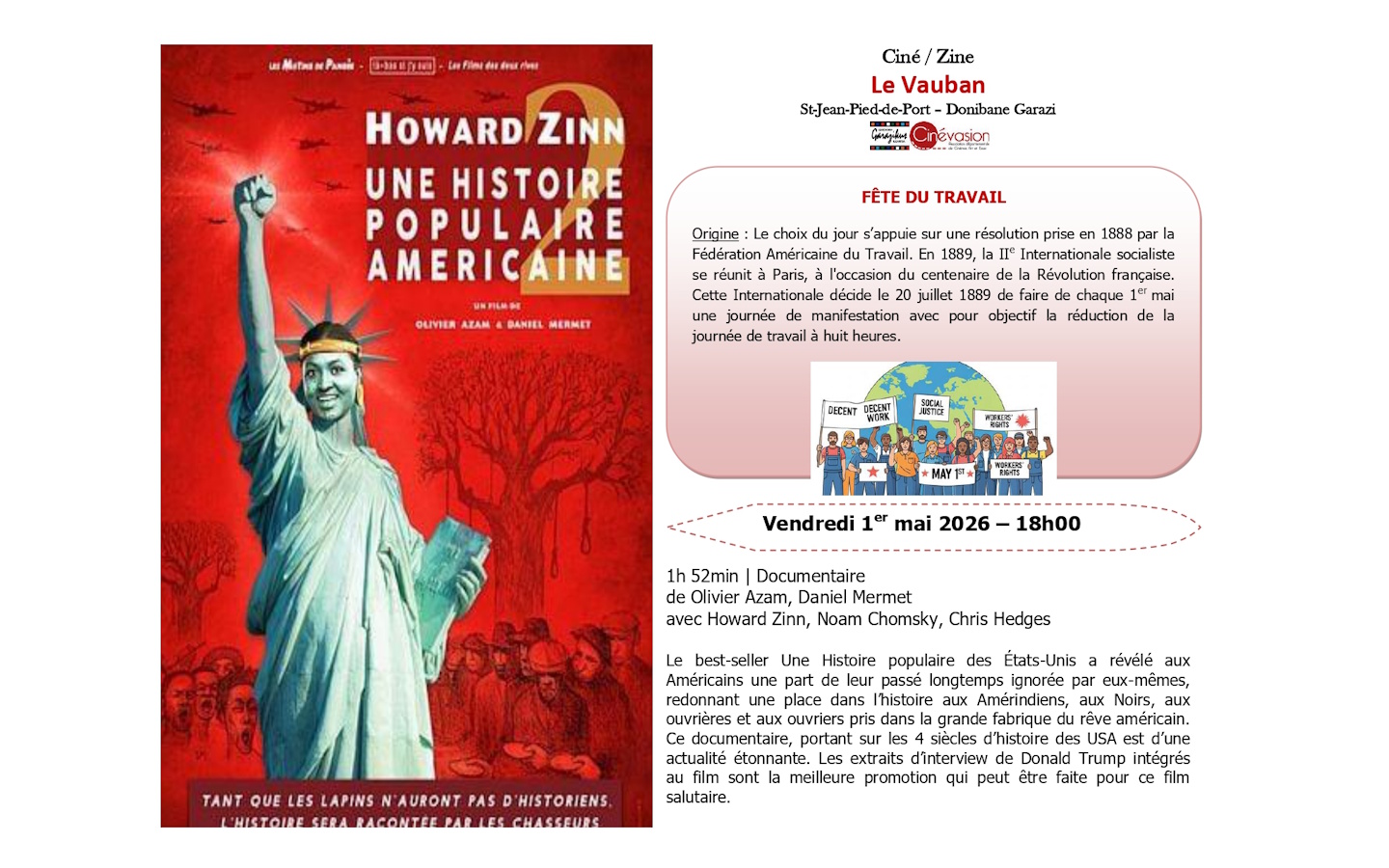 Diffusion du film "Howard Zinn, une histoire populaire américaine 2" pour la fête du travail — visuel événement