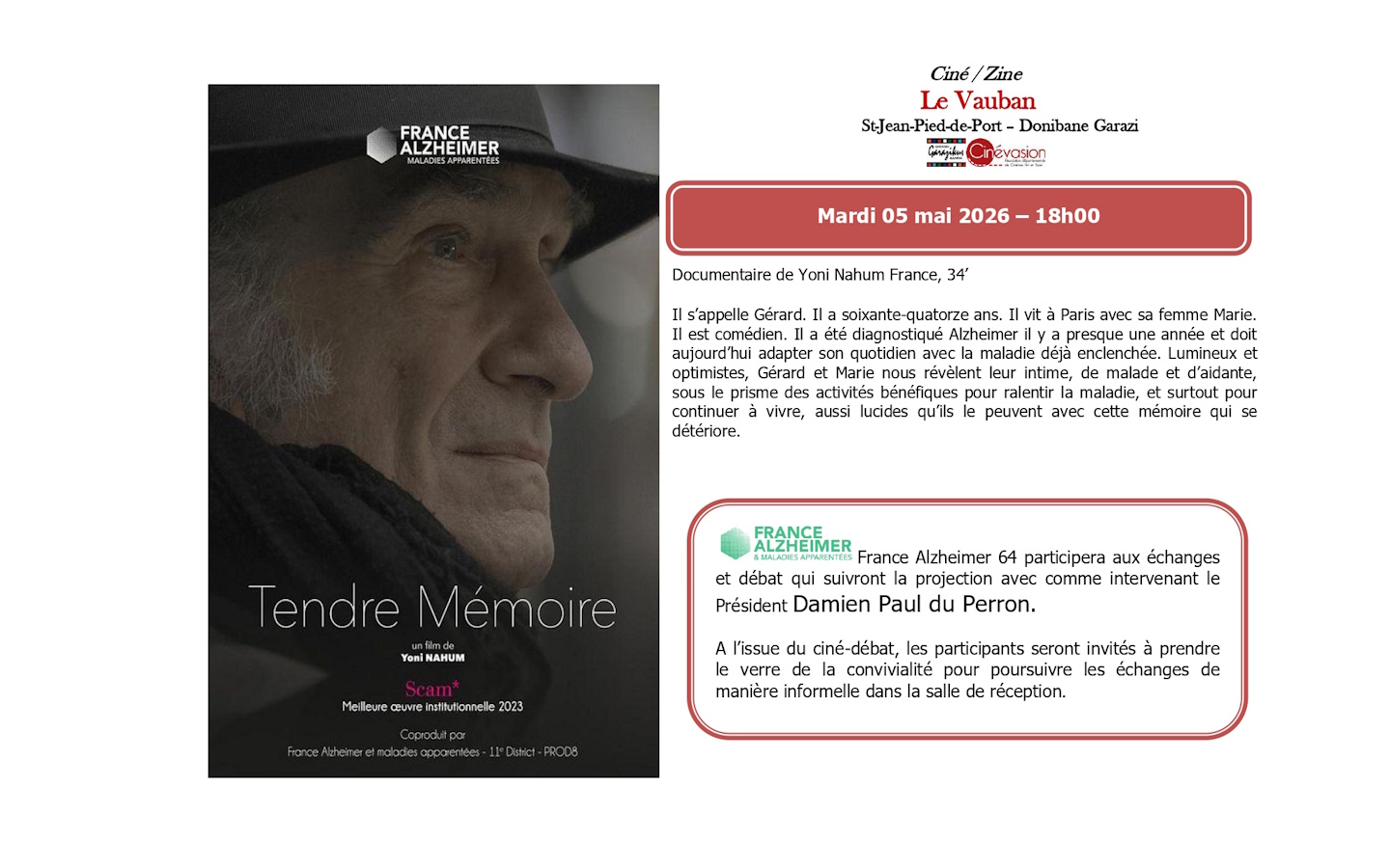 Ciné-débat "Tendre mémoire" avec France Alzheimer — visuel événement