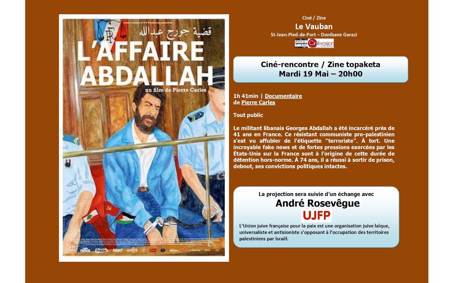 Ciné-rencontre "L'affaire Abdallah" avec l'UFJP — visuel événement