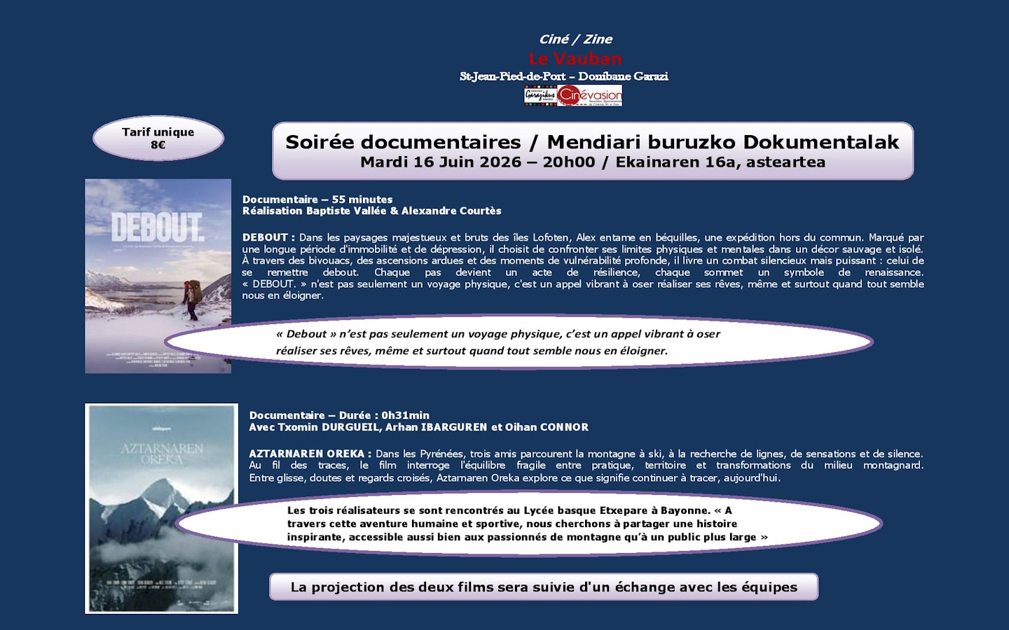 Soirée documentaires / Mendiari buruzko Dokumentalak