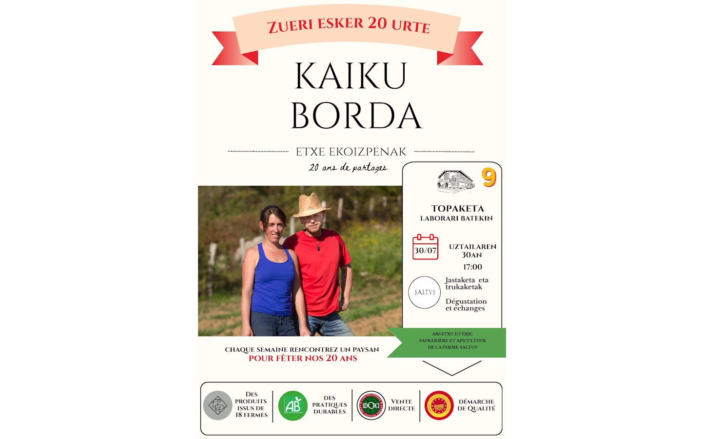 20 ans de Kaiku Borda : dégustation et échanges avec Argitxu et Eric, safranière et apiculteur de la ferme Saltus