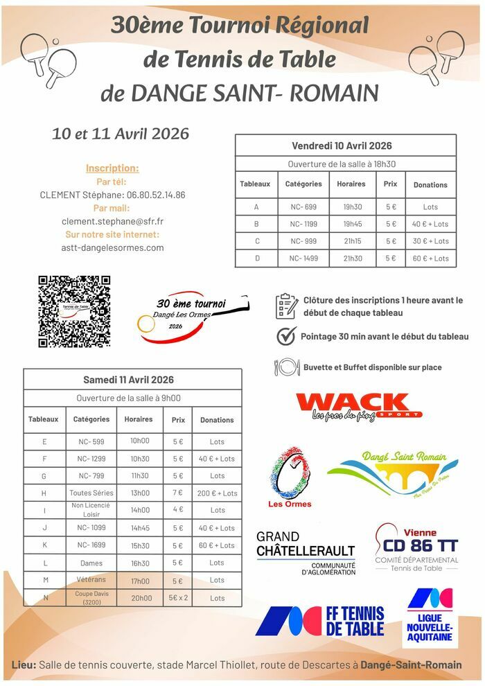 30ème TOURNOI RÉGIONAL DE TENNIS DE TABLE - LES 10 et 11/04