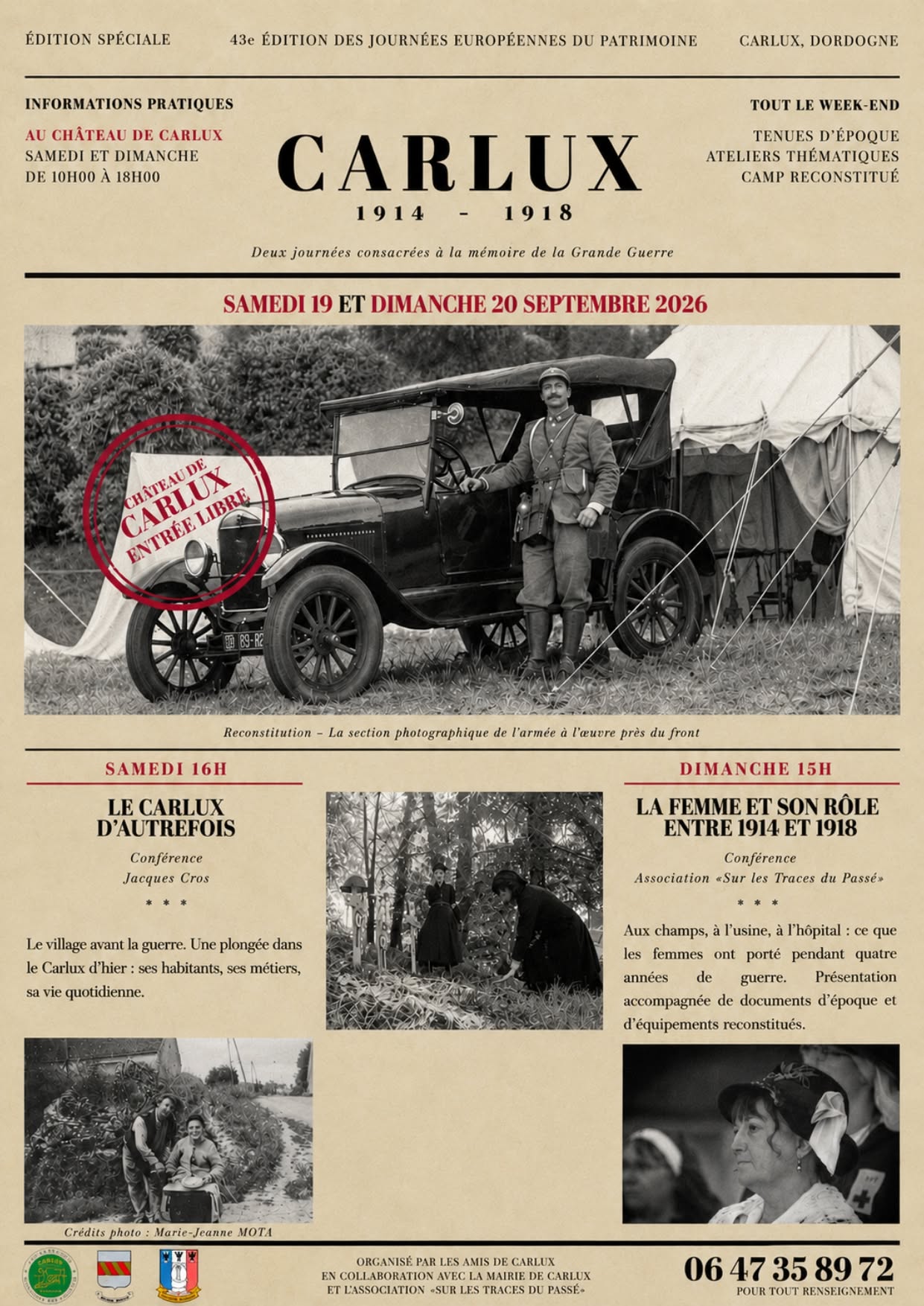 Journées du Patrimoine : Carlux 1914-1918 deux journées consacrées à la mémoire de la Grande Guerre.