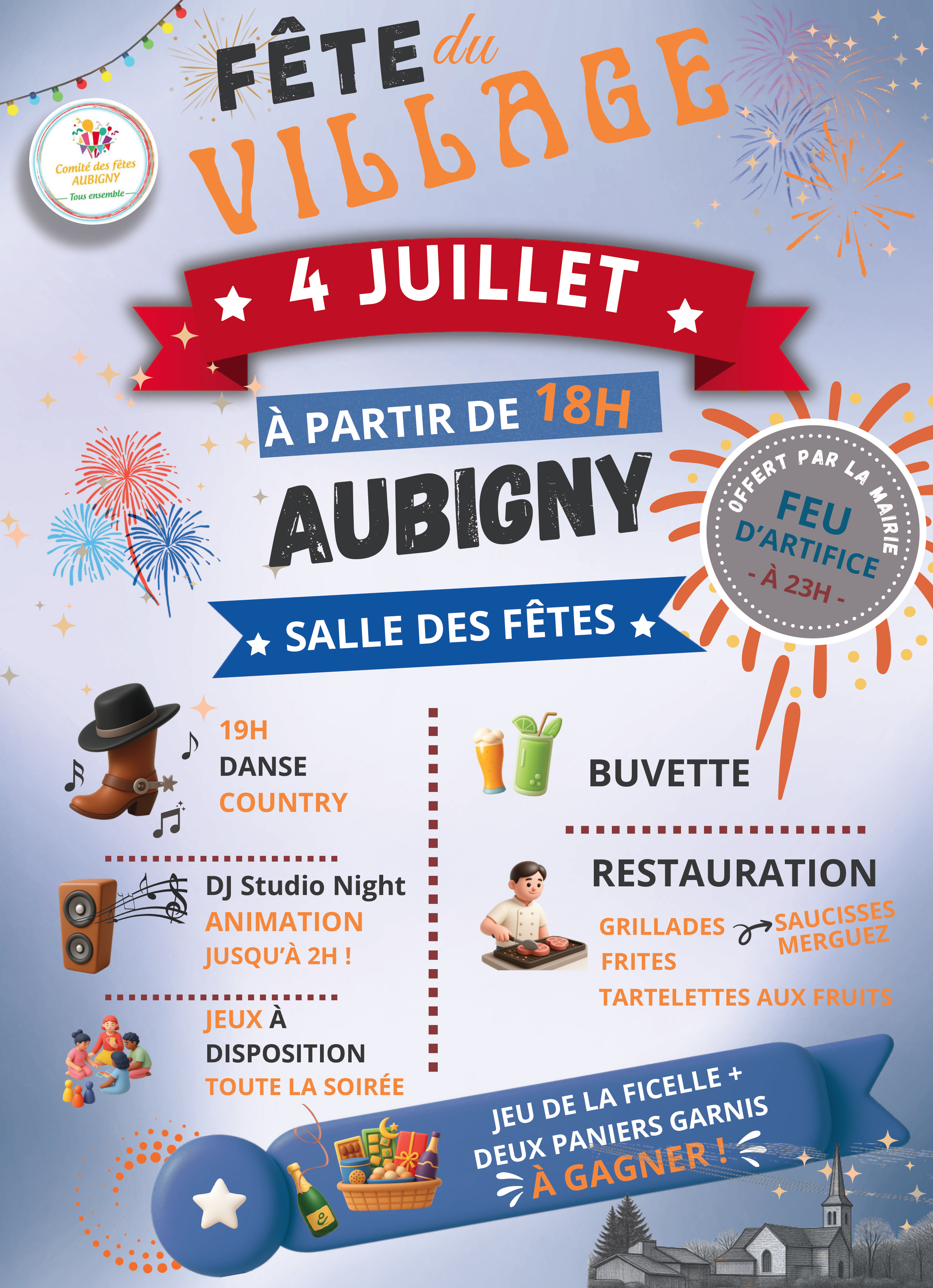 Aubigny : Fête du village ! feu d’artifice, musique, danse country