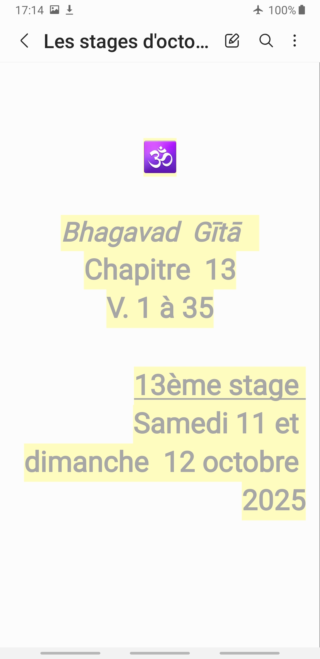 Stage de méditation et étude de textes La Bhagavad Gita par l'association Le Corps Passerelle, Sainte-Foy-la-Grande