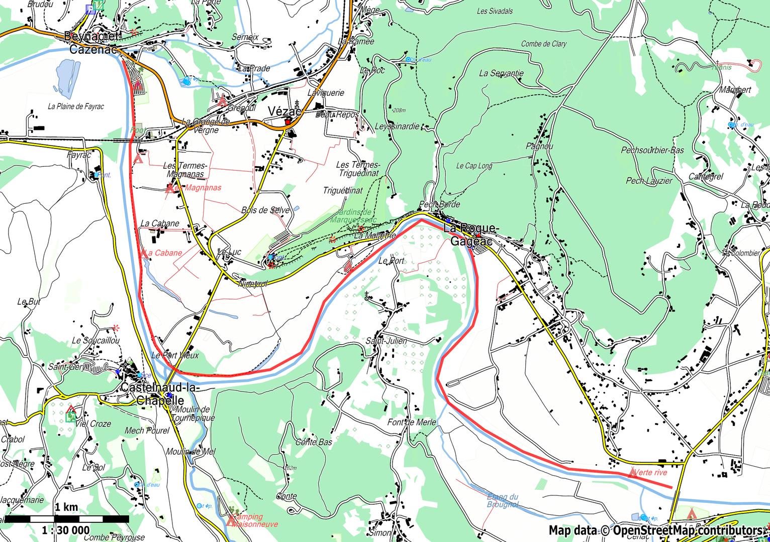 Pêcher sur la Dordogne Sarladaise - Chemin sur berge Castelnaud / Cenac au Pont de Fayrac