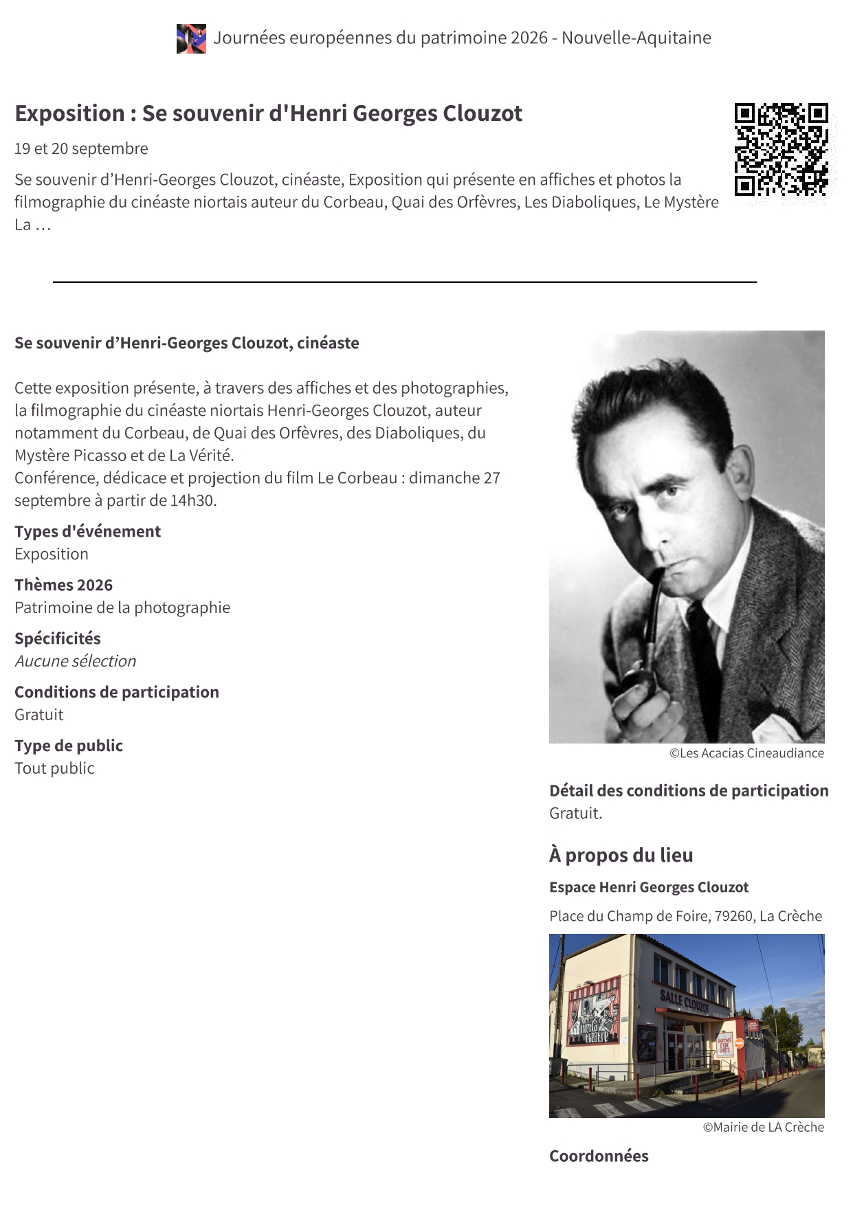 Journées du Patrimoine : Exposition Se souvenir d'Henri-Georges Clouzot