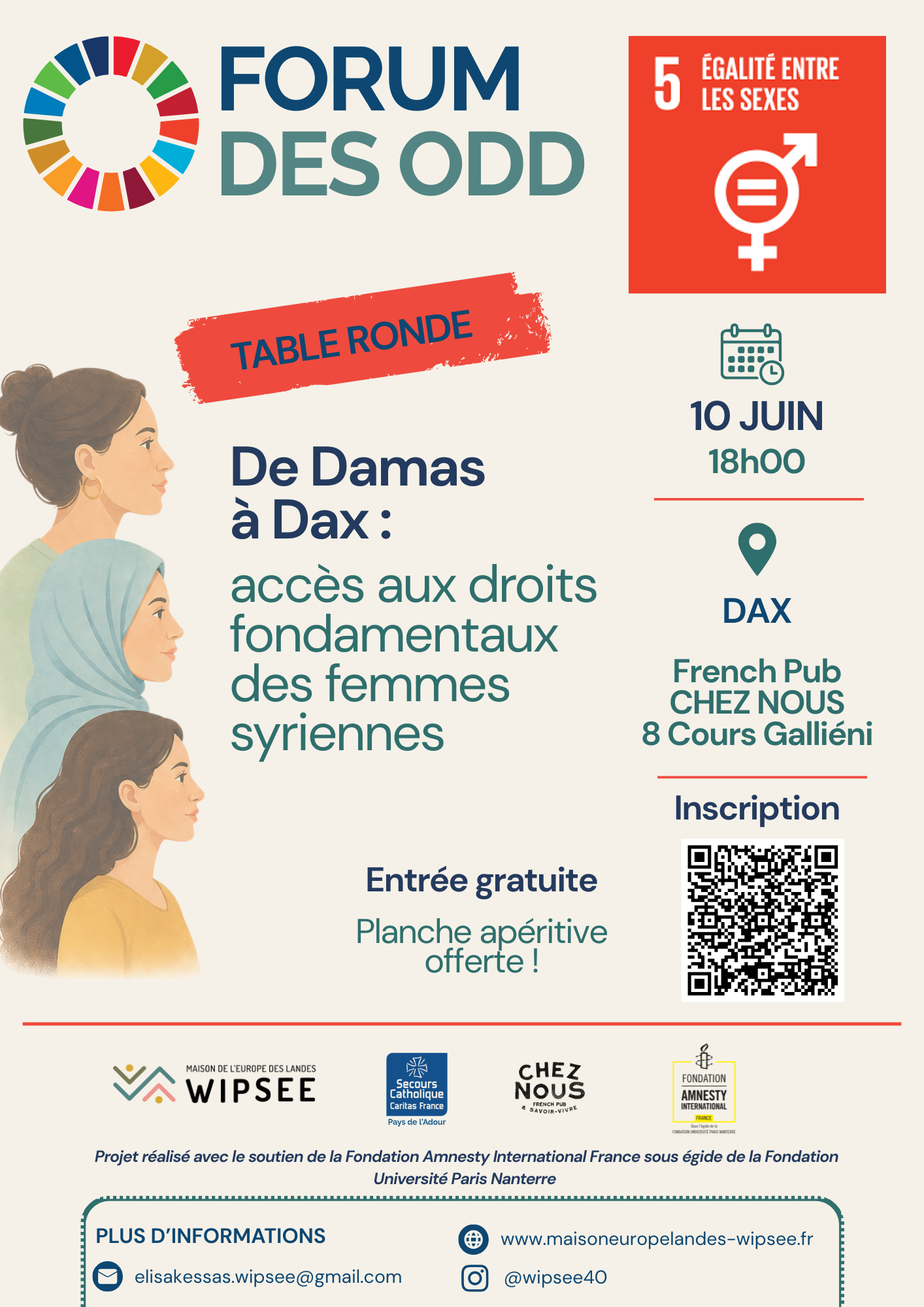 Table ronde “De Damas à Dax : accès aux droits fondamentaux des femmes syriennes” — visuel événement