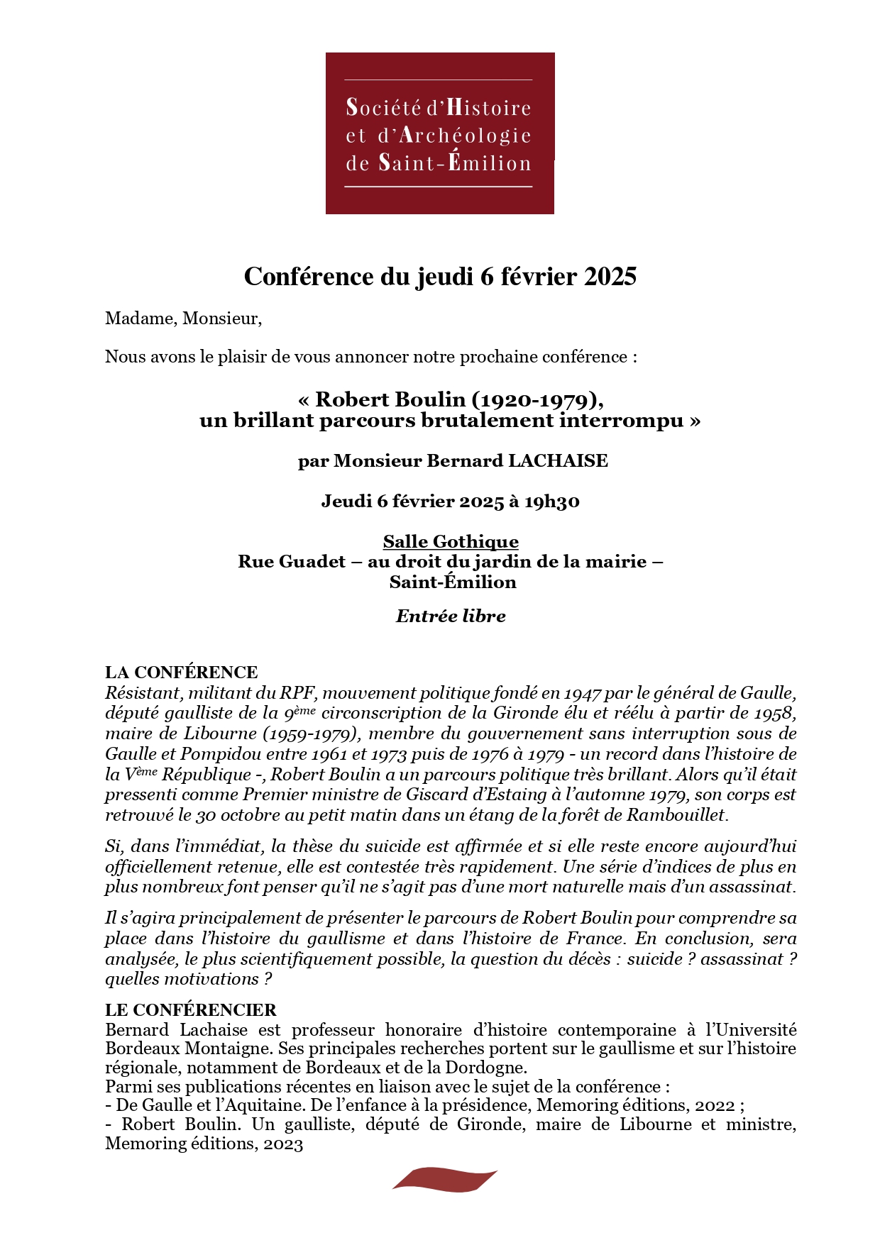 Conférence "Robert Boulin un brillant parcours brutalement interrompu" par Bernard Lachaise