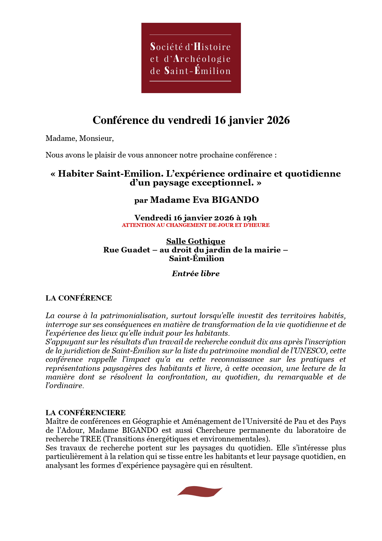 Conférence : Eva BIGANDO - Habiter Saint-Emilion. L’expérience ordinaire et quotidienne d’un paysage exceptionnel.