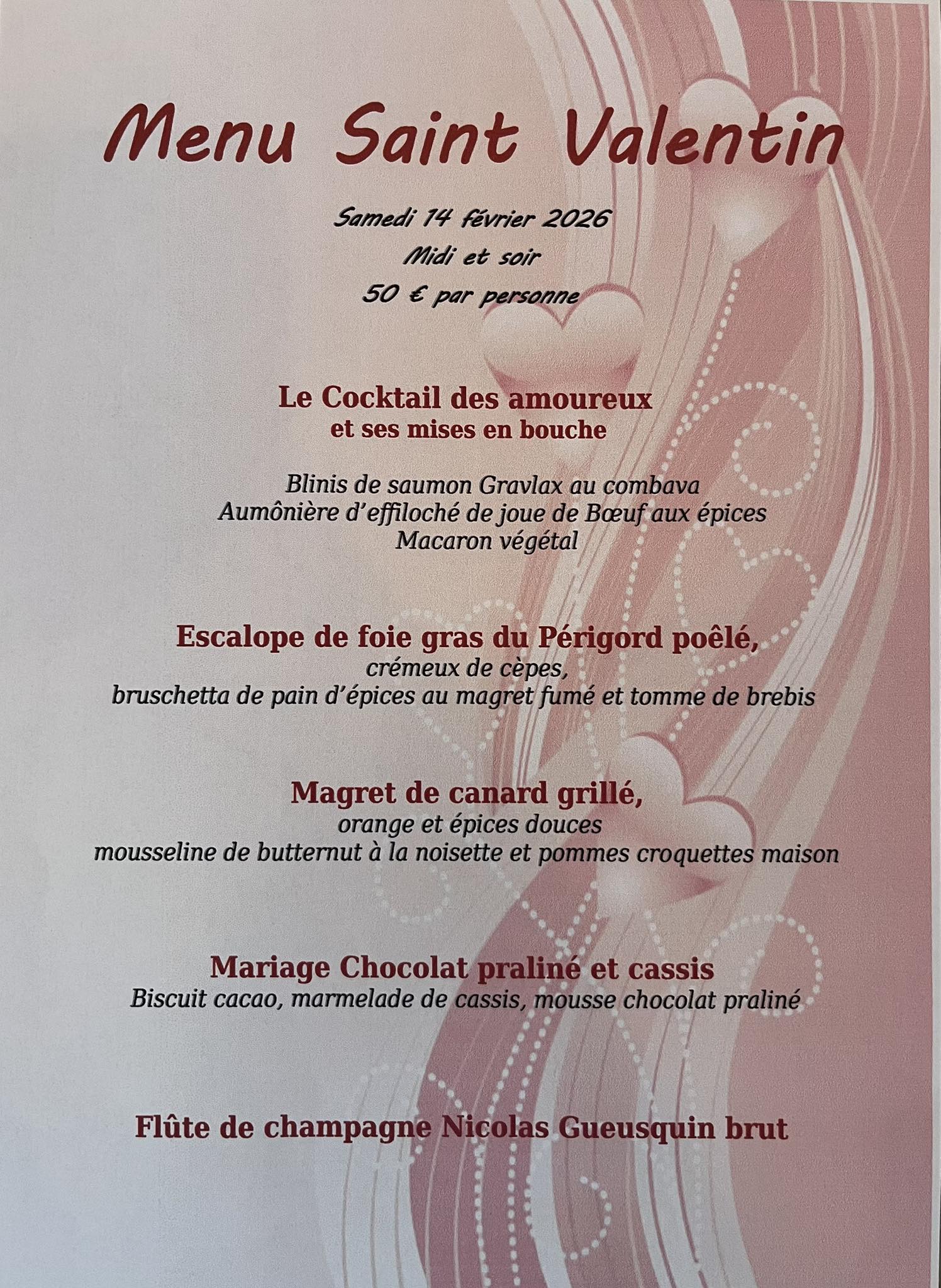 Repas de la Saint Valentin Restaurant Le Duellas