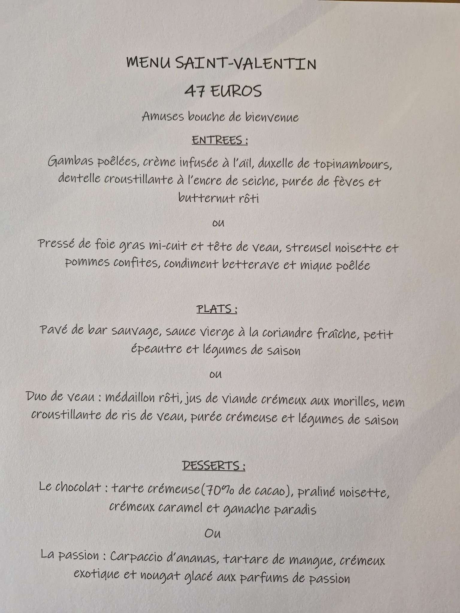 Restaurant Le Saint Clèment : Repas Saint Valentin