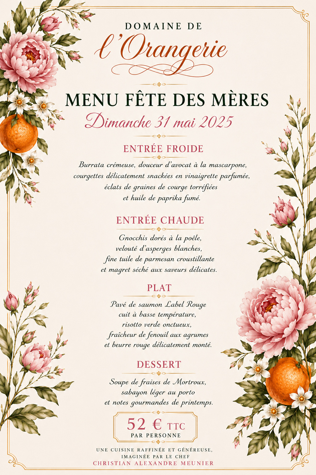 Menu fête des meres du Domaine de l'Orangerie — visuel événement