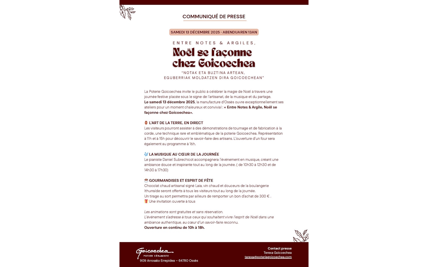 Entre notes et argile, Noël se façonne chez Goicoechea