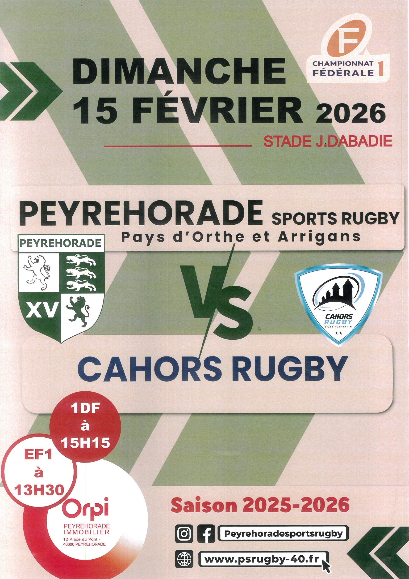 Rugby Fédérale 1 - Peyrehorade Sports Rugby VS le Cahors Rugby
