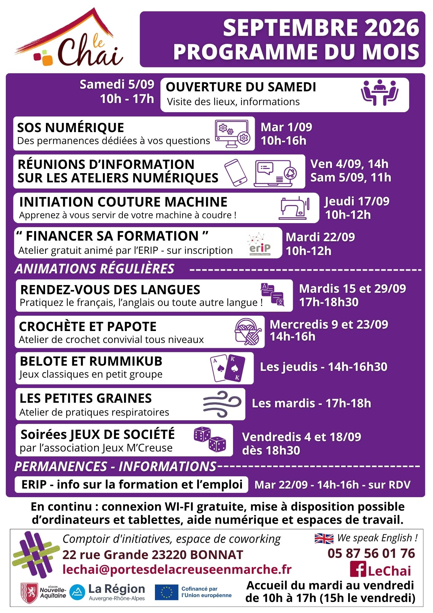 Programme du Mois de septembre au Chai
