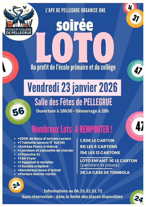 Soirée loto par l'APE de Pellegrue, Pellegrue