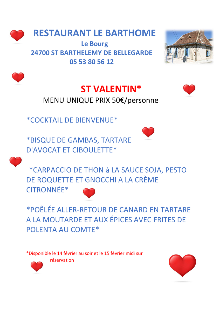 Repas de la Saint Valentin Restaurant Le Barthomé