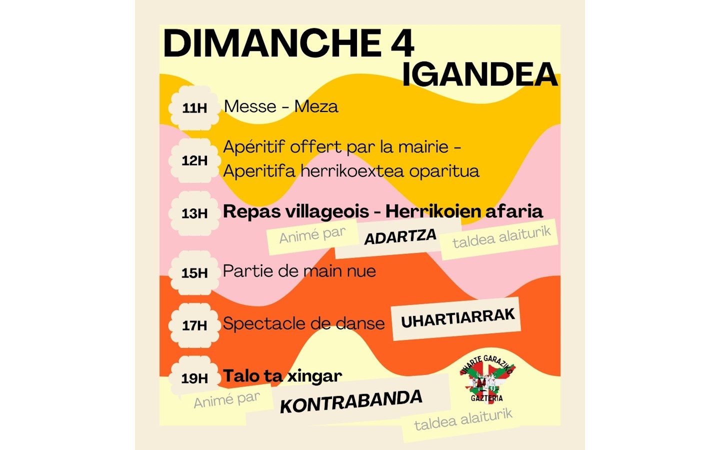 Fêtes de village : repas, pelote basque à main nue, spectacle de danse  basque, soirée talo avec Kontrabanda à UHART-CIZE (64) | Animations