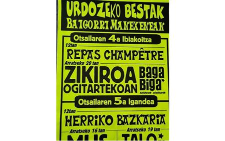 Fêtes du quartier Urdos : midi : repas champêtre, soirée : méchoui entre le pain animé par le groupe Baga Biga. Fêtes du quartier Urdos : midi : repas champêtre, soirée : méchoui entre le pain animé par le groupe Baga Biga.