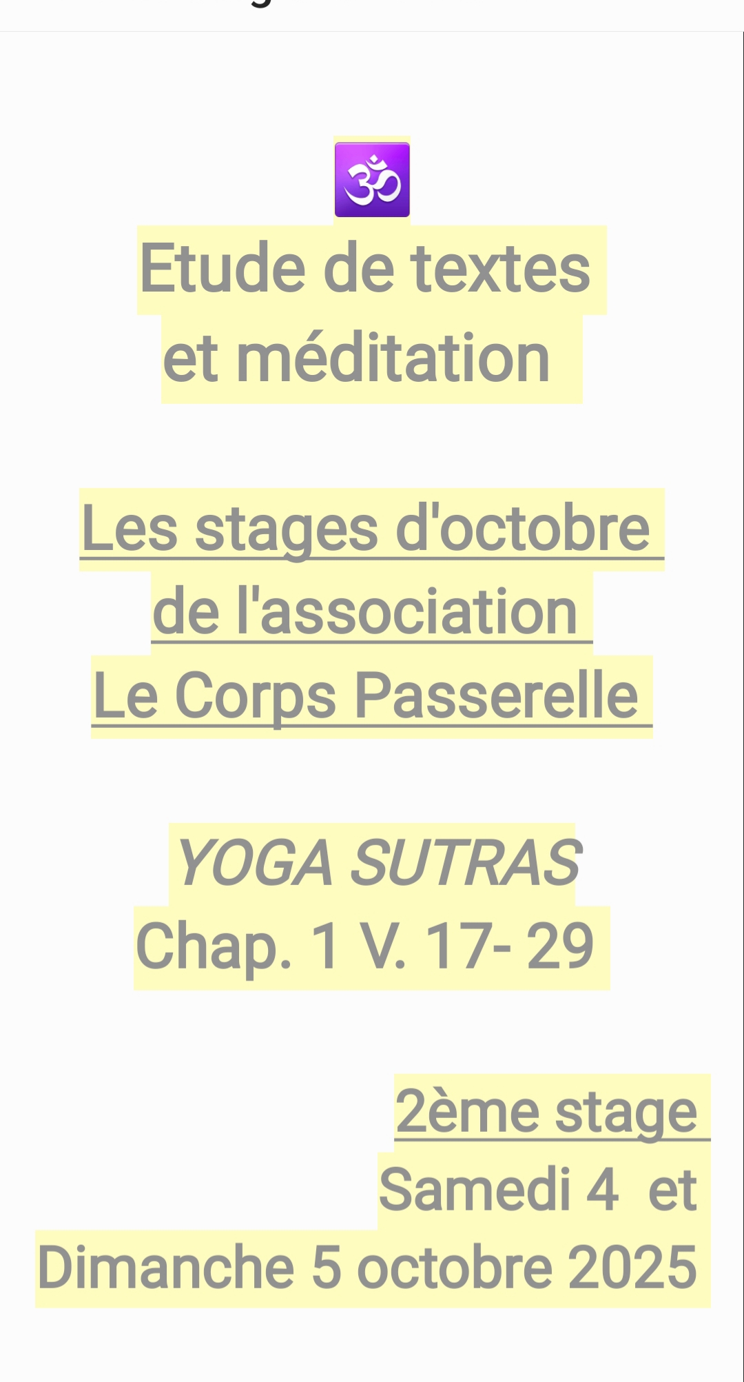 Stage de méditation et étude des Yoga Sutras par l'association Le Corps Passerelle, Sainte-Foy-la-Grande