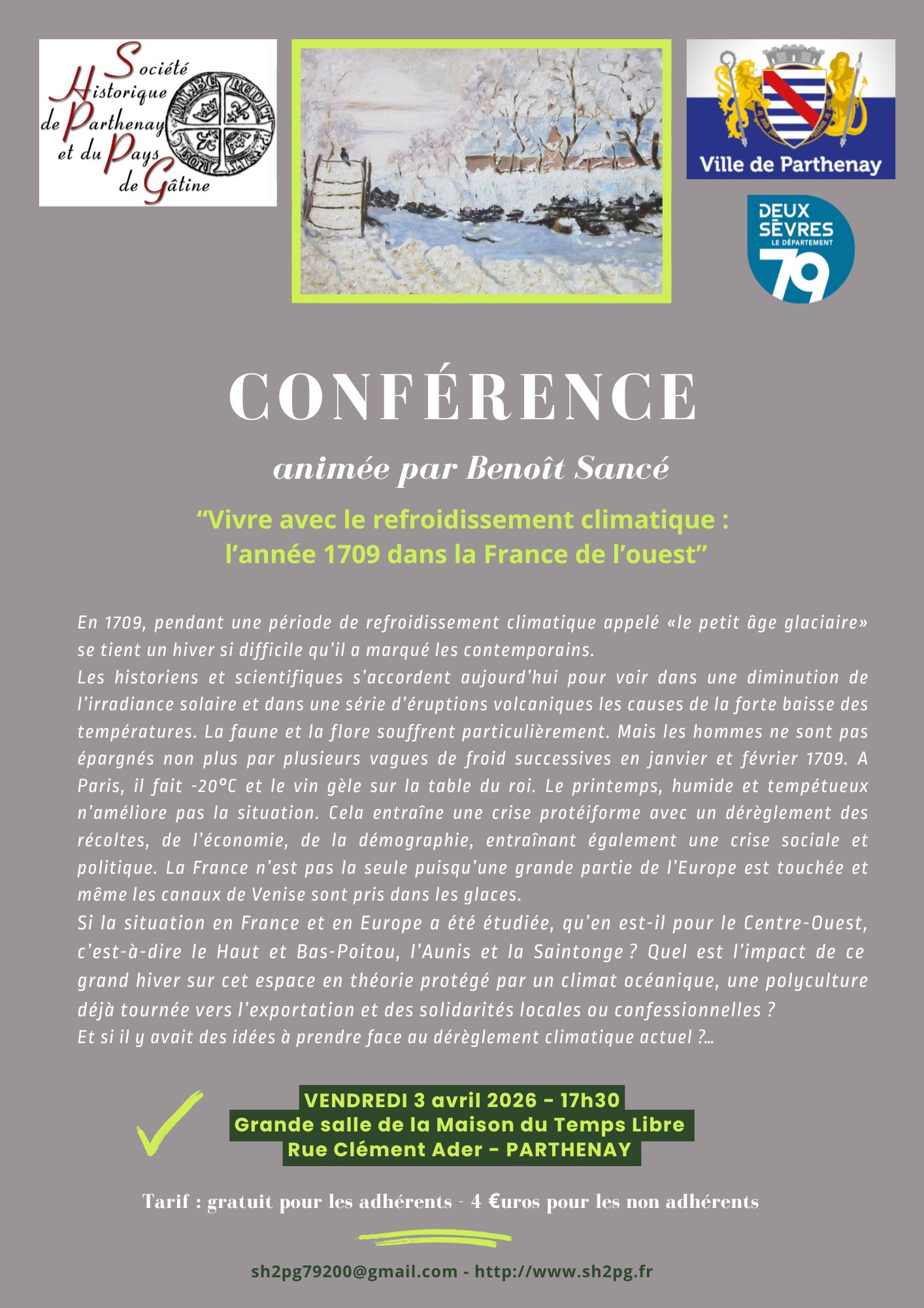 Conférence "Vivre avec le refroidissement climatique : l'année 1709 dans la France de l'ouest"