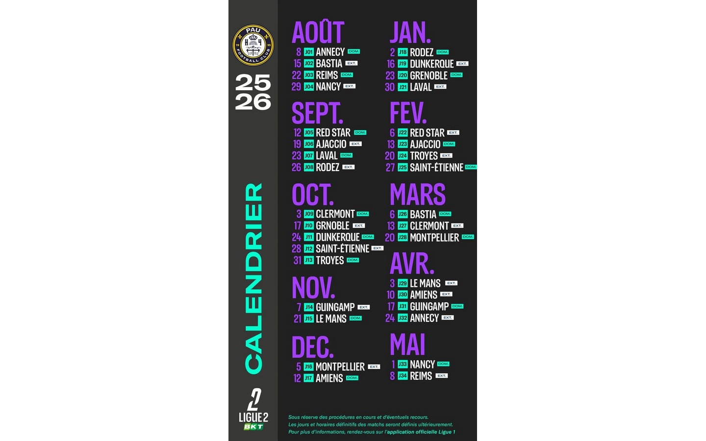 Football - Calendrier PAU FC Ligue2 BKT - saison 2025-2026 — Tutti gli eventi à Pyrénées-Atlantiques