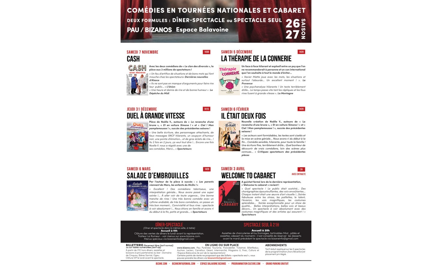 Programmation dîner et/ou spectacles 2026/2027 - Compagnie Bizane