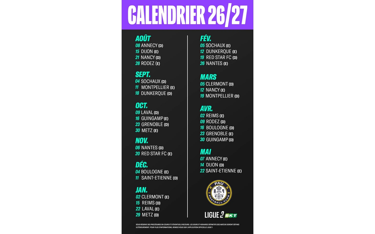 Football - Calendrier PAU FC Ligue2 BKT - saison 2026/27
